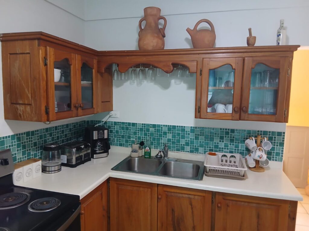Bona Villa, Bon Accord, Tobago: the kitchen sink and glass fronted cabinets.